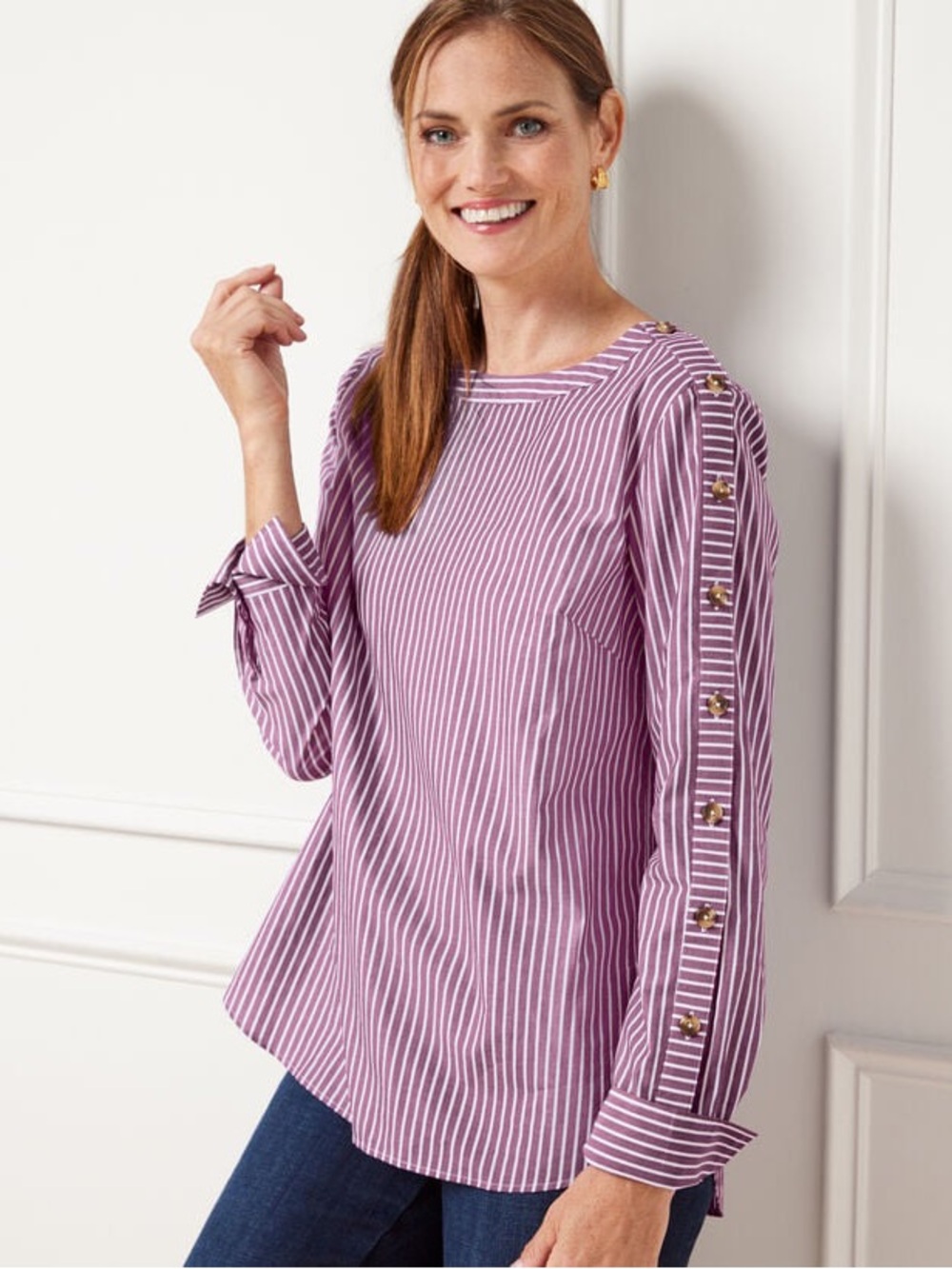 NWT Talbots Striped Rose Poplin Button-Trim Long Sleeve Women's Top
